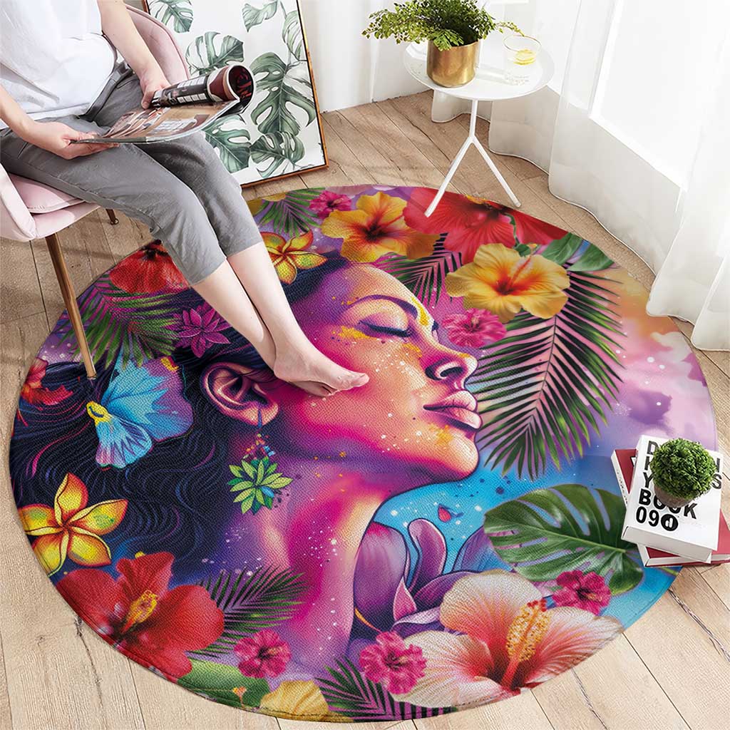 Polynesian Women Round Carpet Tropical Plant - Vibrant Surreal Dreamscape Vibe