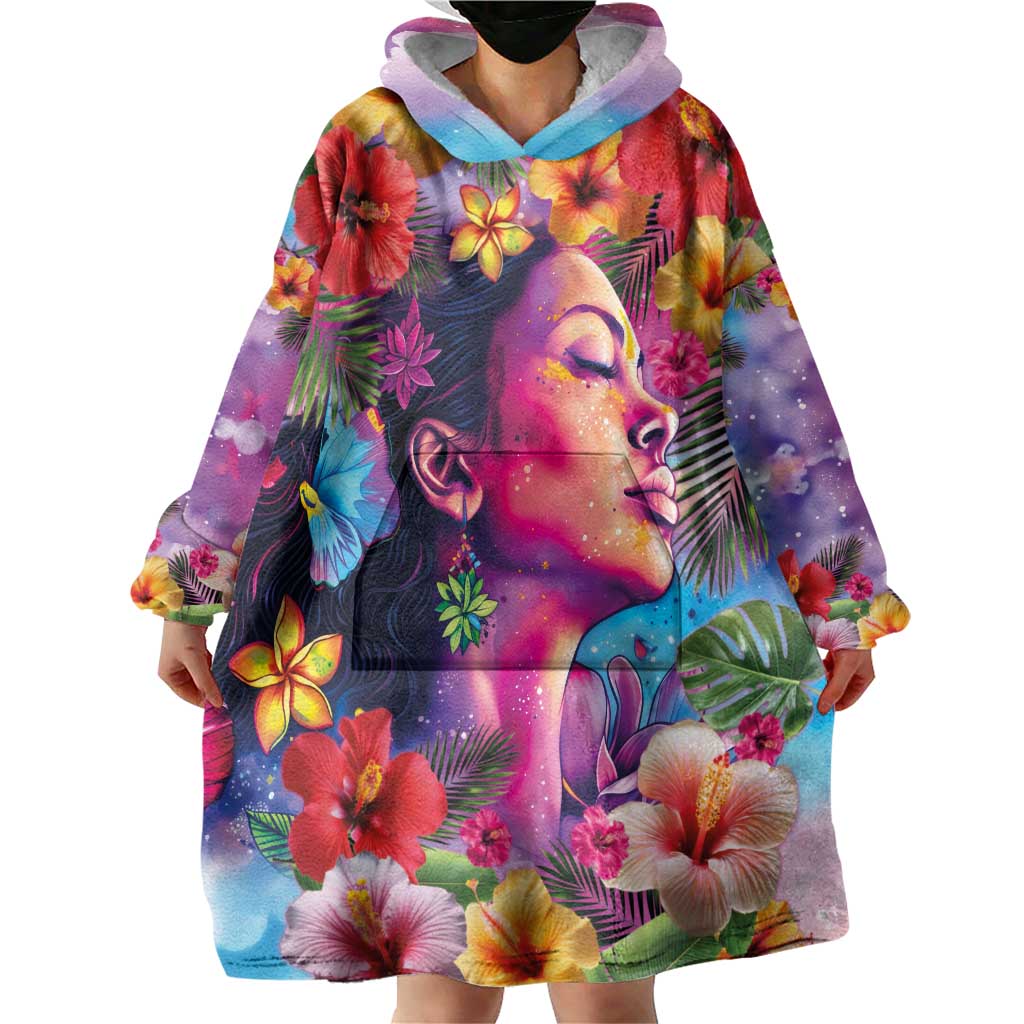 Polynesian Women Wearable Blanket Hoodie Tropical Plant - Vibrant Surreal Dreamscape Vibe