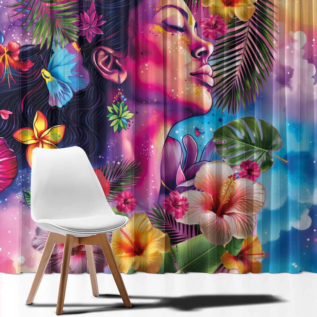 Polynesian Women Window Curtain Tropical Plant - Vibrant Surreal Dreamscape Vibe
