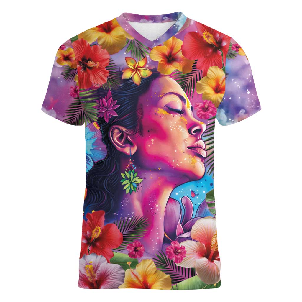 Polynesian Women Women V-Neck T-Shirt Tropical Plant - Vibrant Surreal Dreamscape Vibe
