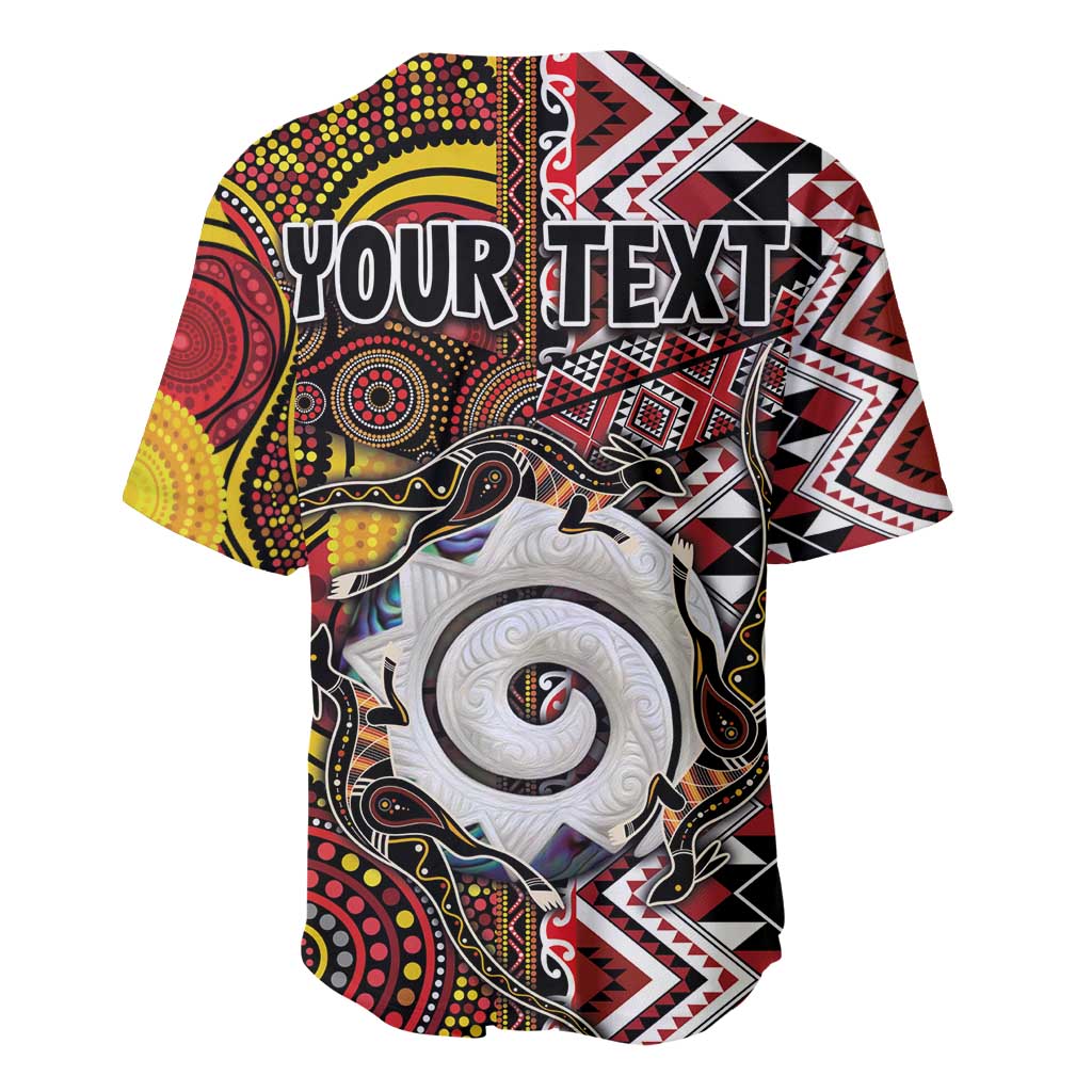 Personalised Aotearoa and Australia Together Baseball Jersey Koru and Kangaroo - Taniko with Aboriginal Motif