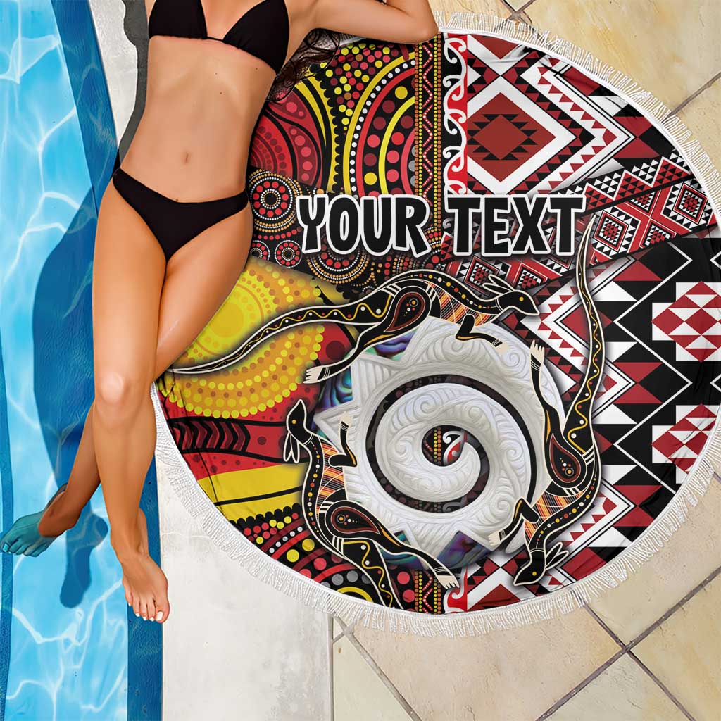 Personalised Aotearoa and Australia Together Beach Blanket Koru and Kangaroo - Taniko with Aboriginal Motif