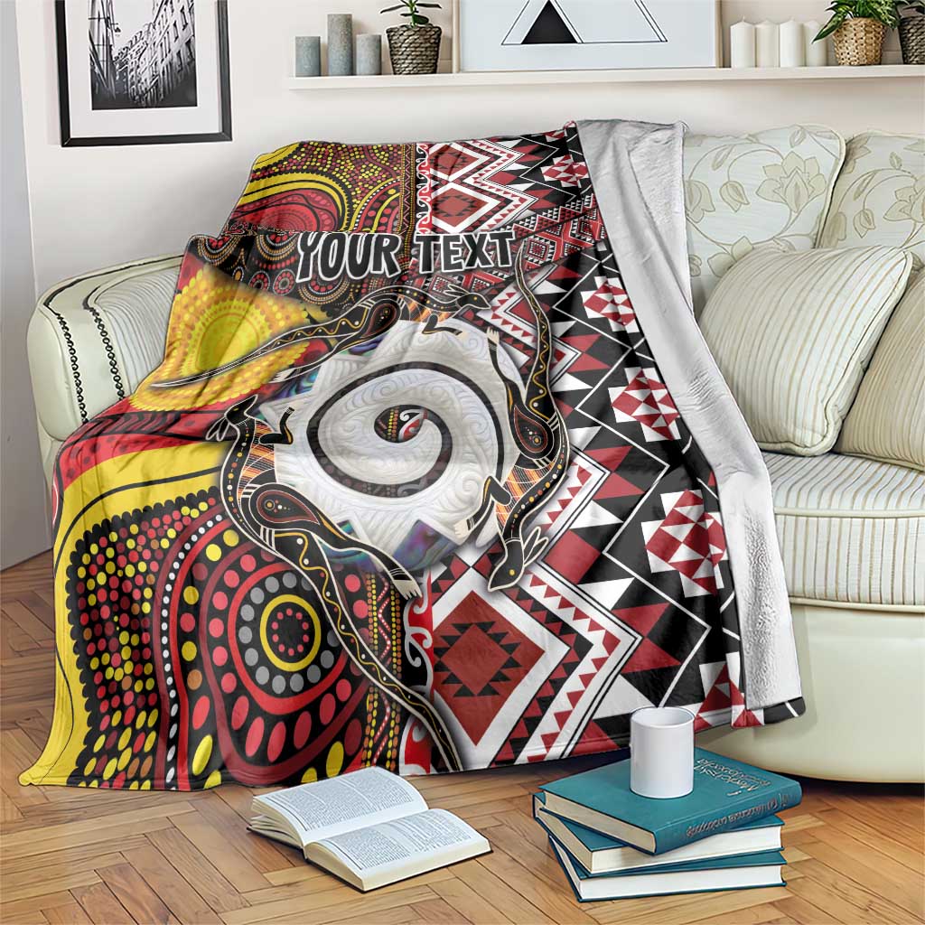 Personalised Aotearoa and Australia Together Blanket Koru and Kangaroo - Taniko with Aboriginal Motif