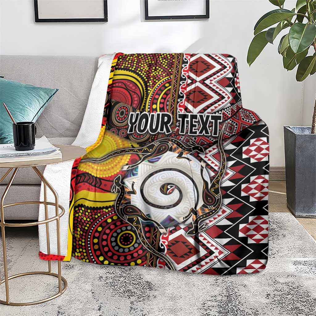 Personalised Aotearoa and Australia Together Blanket Koru and Kangaroo - Taniko with Aboriginal Motif