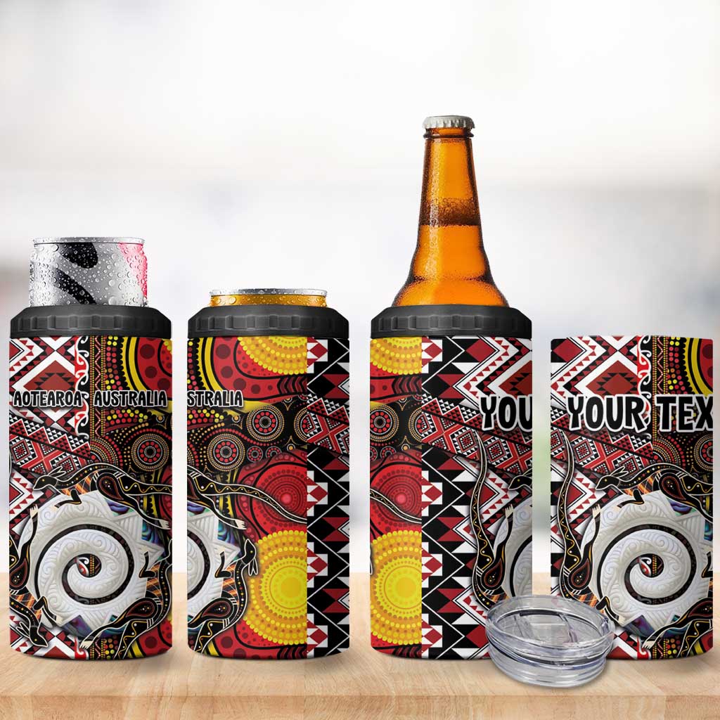 Personalised Aotearoa and Australia Together 4 in 1 Can Cooler Tumbler Koru and Kangaroo - Taniko with Aboriginal Motif