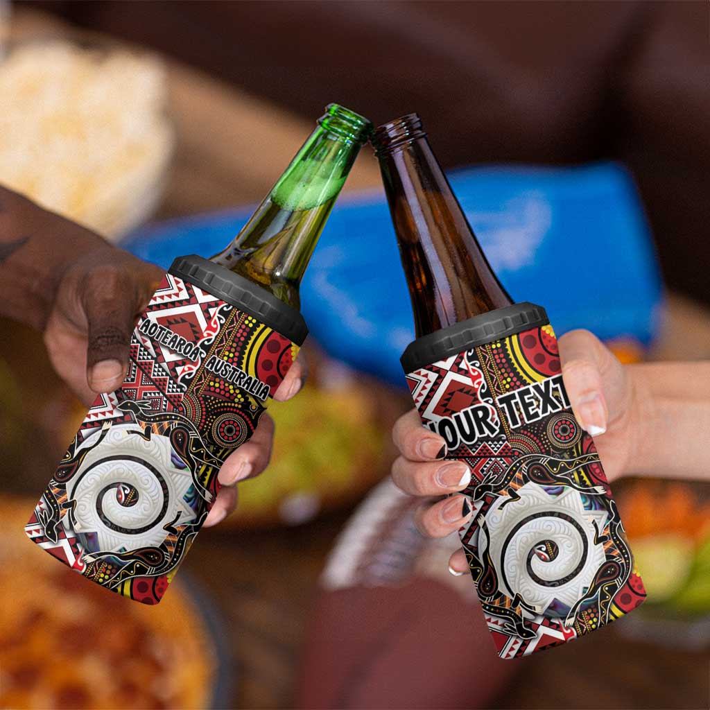 Personalised Aotearoa and Australia Together 4 in 1 Can Cooler Tumbler Koru and Kangaroo - Taniko with Aboriginal Motif