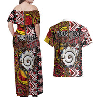 Personalised Aotearoa and Australia Together Couples Matching Off Shoulder Maxi Dress and Hawaiian Shirt Koru and Kangaroo - Taniko with Aboriginal Motif LT03 - Polynesian Pride