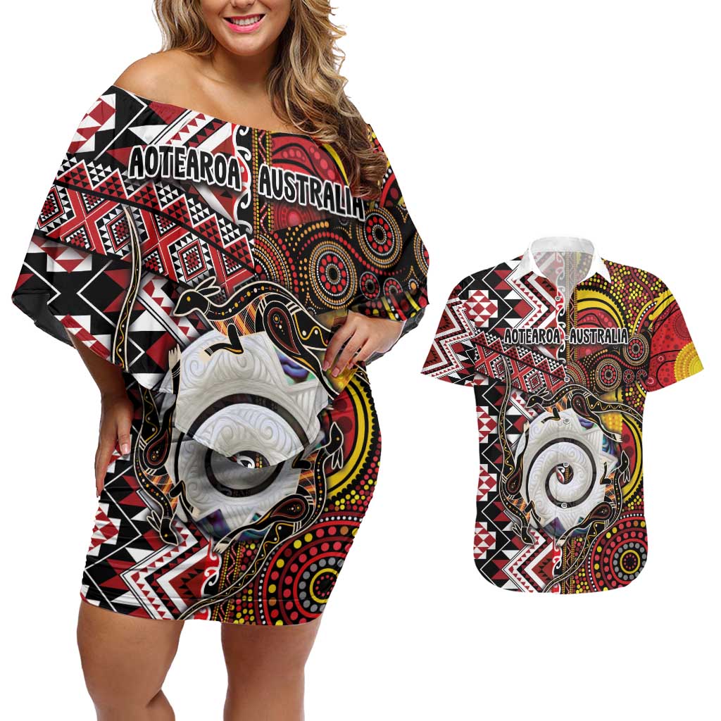 Personalised Aotearoa and Australia Together Couples Matching Off Shoulder Short Dress and Hawaiian Shirt Koru and Kangaroo - Taniko with Aboriginal Motif LT03 Black - Polynesian Pride