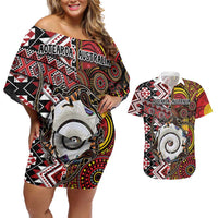 Personalised Aotearoa and Australia Together Couples Matching Off Shoulder Short Dress and Hawaiian Shirt Koru and Kangaroo - Taniko with Aboriginal Motif LT03 Black - Polynesian Pride