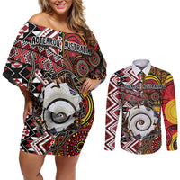 Personalised Aotearoa and Australia Together Couples Matching Off Shoulder Short Dress and Long Sleeve Button Shirt Koru and Kangaroo - Taniko with Aboriginal Motif