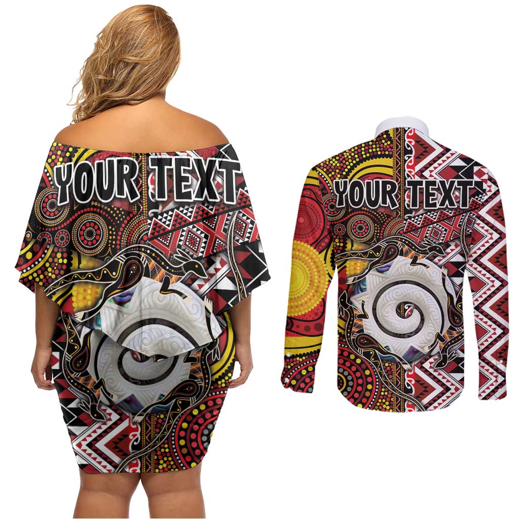 Personalised Aotearoa and Australia Together Couples Matching Off Shoulder Short Dress and Long Sleeve Button Shirt Koru and Kangaroo - Taniko with Aboriginal Motif