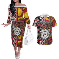 Personalised Aotearoa and Australia Together Couples Matching Off The Shoulder Long Sleeve Dress and Hawaiian Shirt Koru and Kangaroo - Taniko with Aboriginal Motif LT03 Black - Polynesian Pride