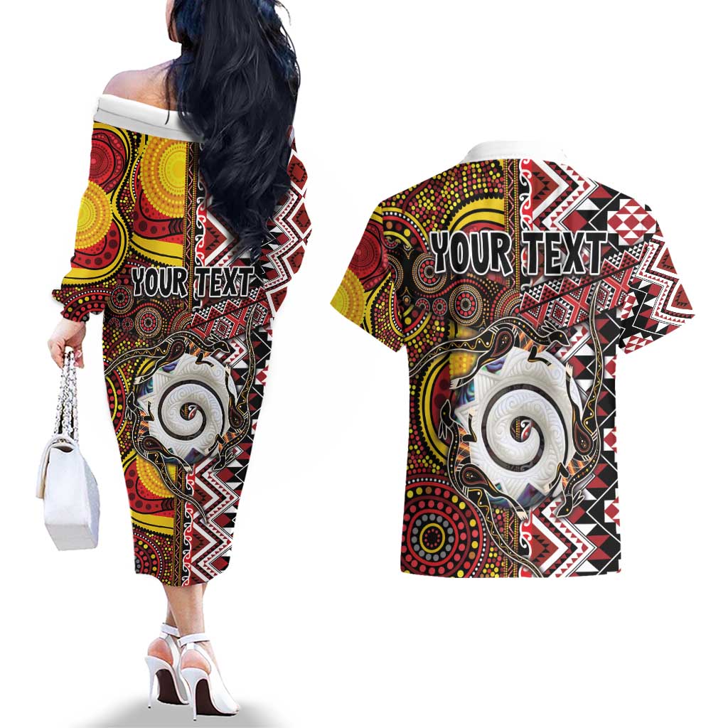 Personalised Aotearoa and Australia Together Couples Matching Off The Shoulder Long Sleeve Dress and Hawaiian Shirt Koru and Kangaroo - Taniko with Aboriginal Motif LT03 - Polynesian Pride