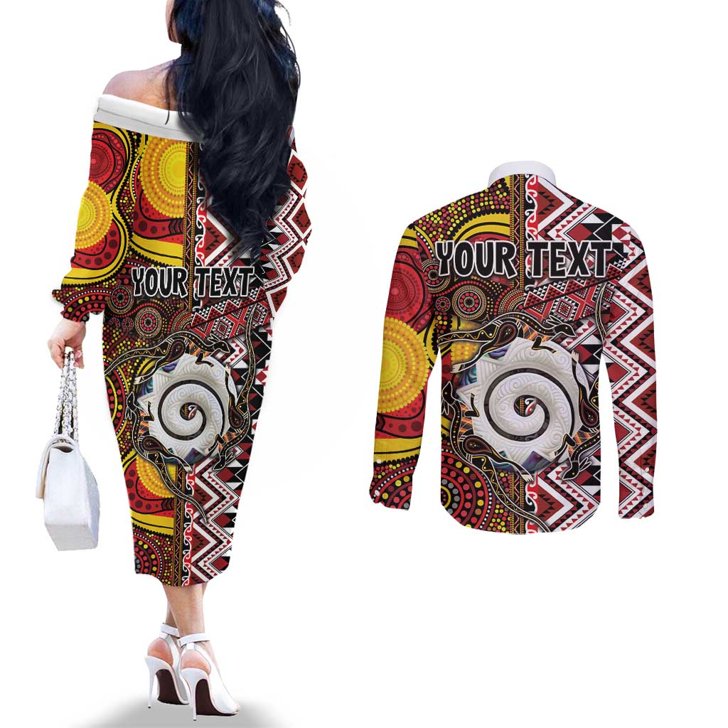 Personalised Aotearoa and Australia Together Couples Matching Off The Shoulder Long Sleeve Dress and Long Sleeve Button Shirt Koru and Kangaroo - Taniko with Aboriginal Motif LT03 - Polynesian Pride