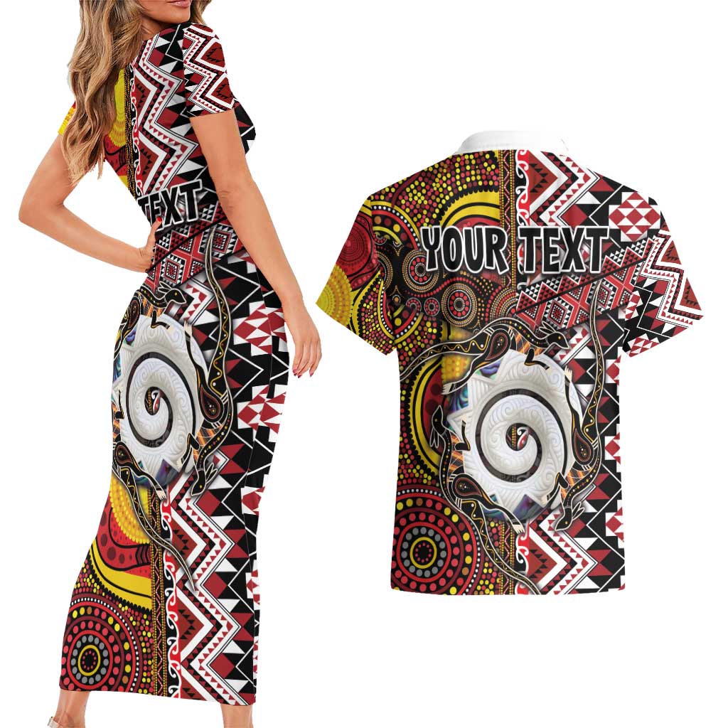 Personalised Aotearoa and Australia Together Couples Matching Short Sleeve Bodycon Dress and Hawaiian Shirt Koru and Kangaroo - Taniko with Aboriginal Motif LT03 - Polynesian Pride