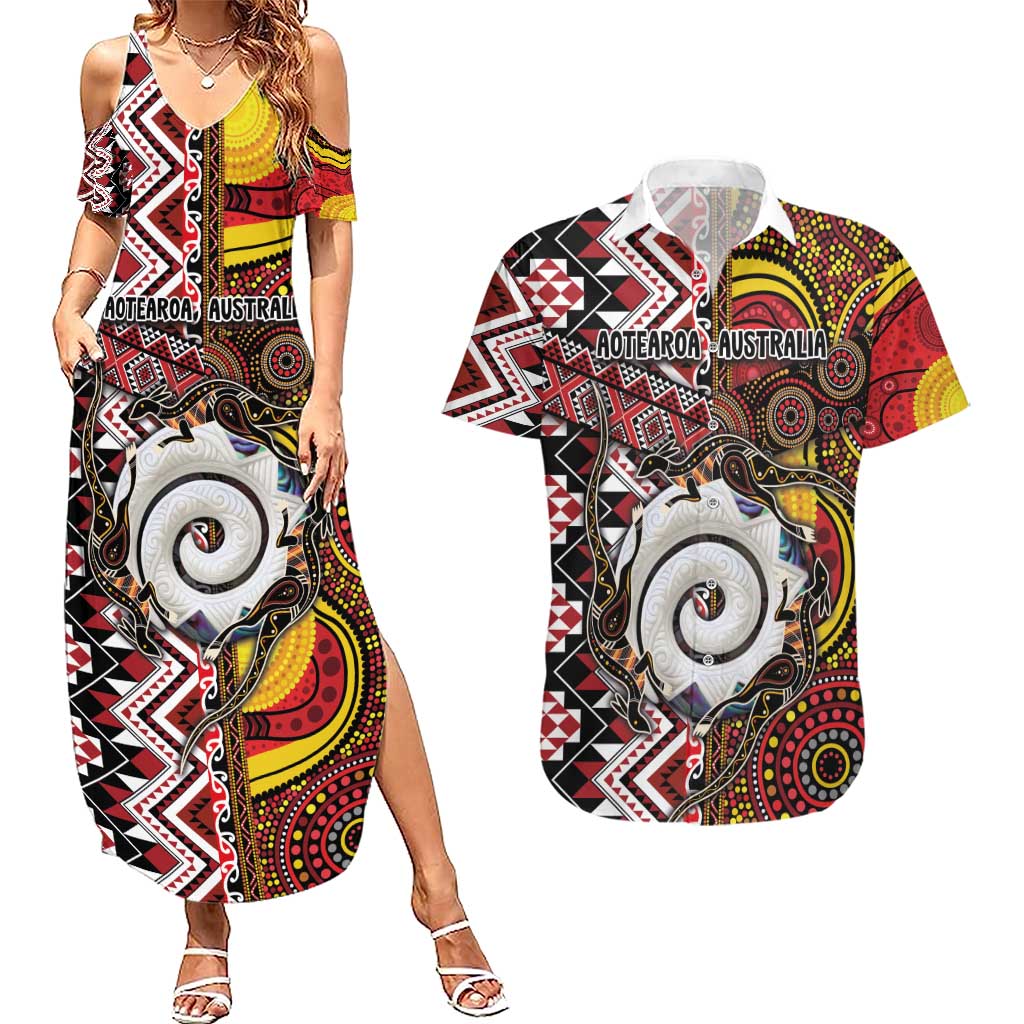 Personalised Aotearoa and Australia Together Couples Matching Summer Maxi Dress and Hawaiian Shirt Koru and Kangaroo - Taniko with Aboriginal Motif LT03 Black - Polynesian Pride