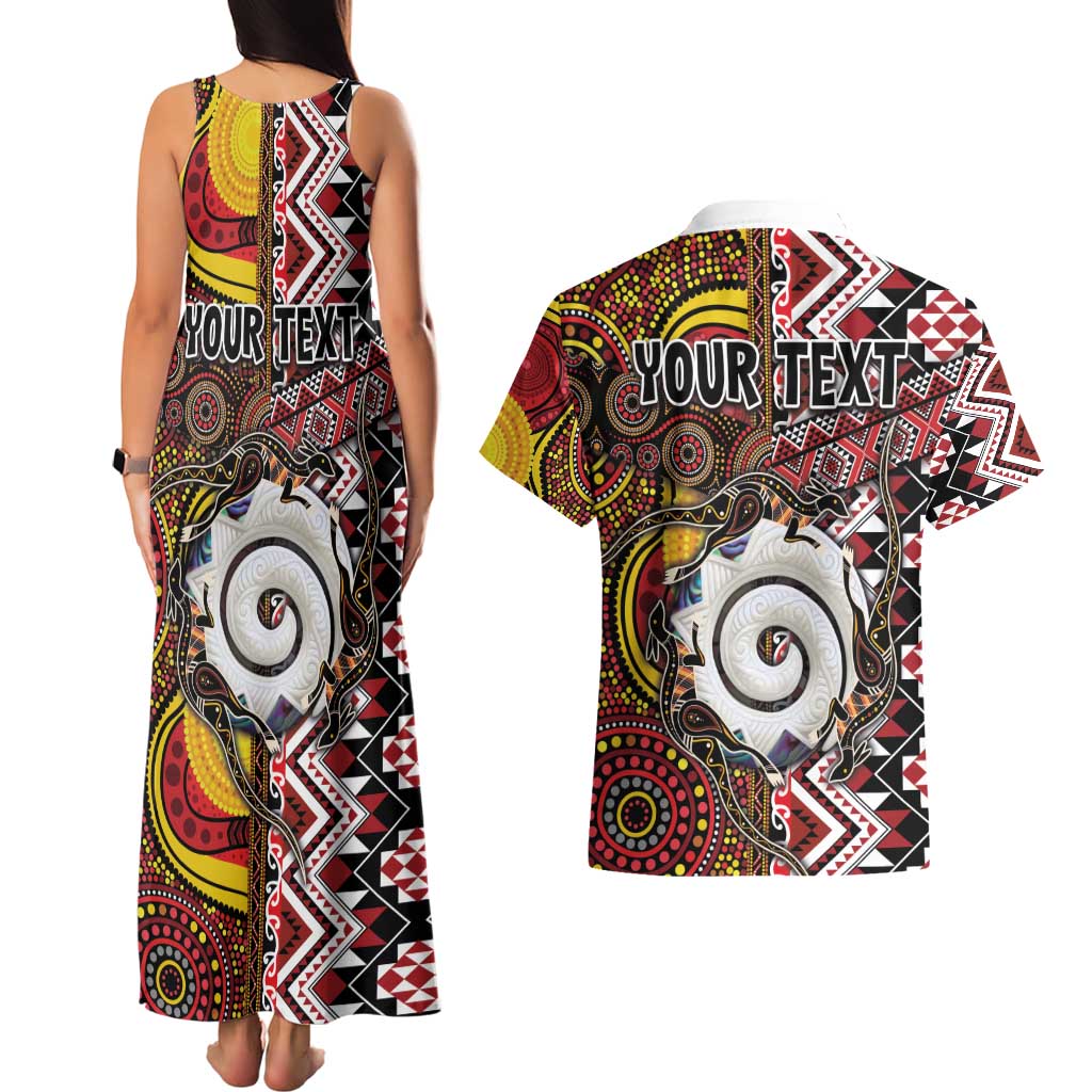 Personalised Aotearoa and Australia Together Couples Matching Tank Maxi Dress and Hawaiian Shirt Koru and Kangaroo - Taniko with Aboriginal Motif LT03 - Polynesian Pride