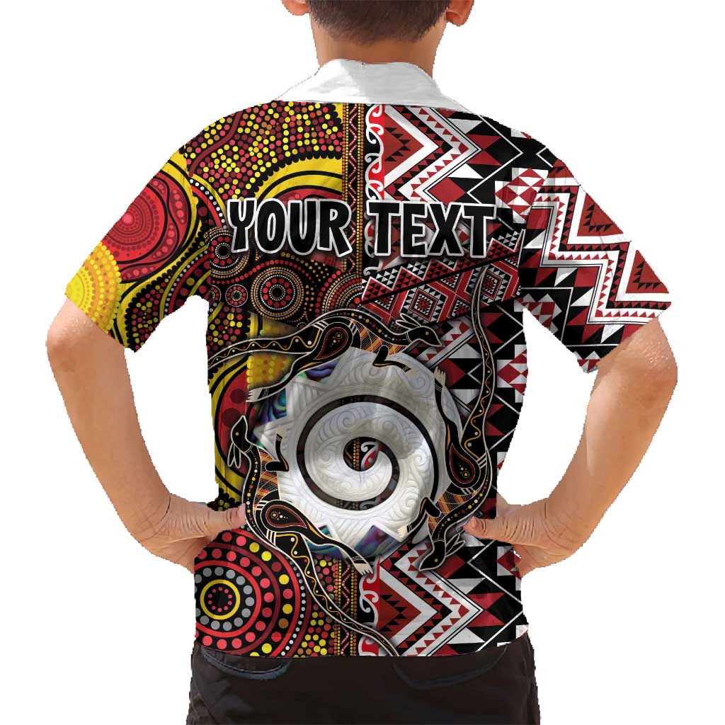 Personalised Aotearoa and Australia Together Family Matching Off Shoulder Short Dress and Hawaiian Shirt Koru and Kangaroo - Taniko with Aboriginal Motif LT03 - Polynesian Pride