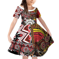 Personalised Aotearoa and Australia Together Family Matching Off Shoulder Short Dress and Hawaiian Shirt Koru and Kangaroo - Taniko with Aboriginal Motif LT03 Daughter's Dress Black - Polynesian Pride