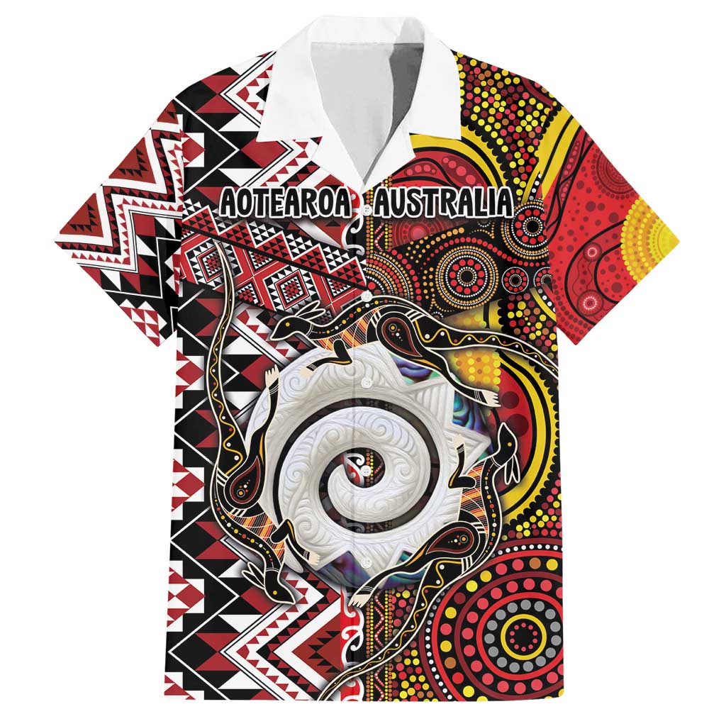 Personalised Aotearoa and Australia Together Family Matching Off Shoulder Short Dress and Hawaiian Shirt Koru and Kangaroo - Taniko with Aboriginal Motif LT03 Dad's Shirt - Short Sleeve Black - Polynesian Pride