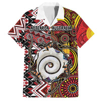 Personalised Aotearoa and Australia Together Family Matching Off Shoulder Short Dress and Hawaiian Shirt Koru and Kangaroo - Taniko with Aboriginal Motif LT03 Dad's Shirt - Short Sleeve Black - Polynesian Pride