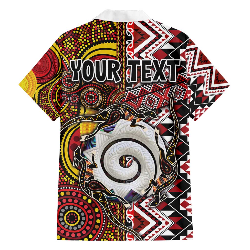 Personalised Aotearoa and Australia Together Family Matching Off Shoulder Short Dress and Hawaiian Shirt Koru and Kangaroo - Taniko with Aboriginal Motif LT03 - Polynesian Pride