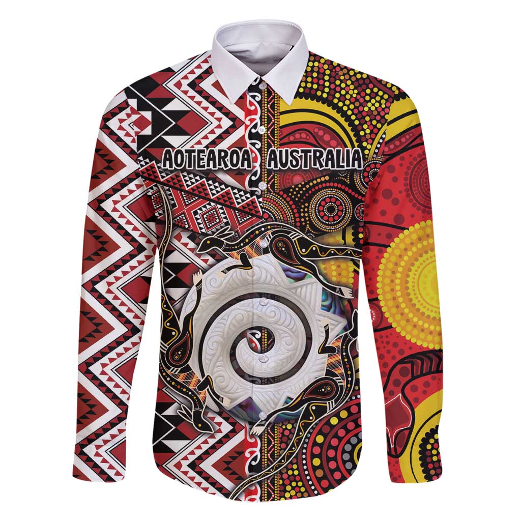 Personalised Aotearoa and Australia Together Family Matching Off Shoulder Short Dress and Hawaiian Shirt Koru and Kangaroo - Taniko with Aboriginal Motif LT03 Dad's Shirt - Long Sleeve Black - Polynesian Pride