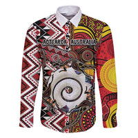Personalised Aotearoa and Australia Together Family Matching Off Shoulder Short Dress and Hawaiian Shirt Koru and Kangaroo - Taniko with Aboriginal Motif LT03 Dad's Shirt - Long Sleeve Black - Polynesian Pride