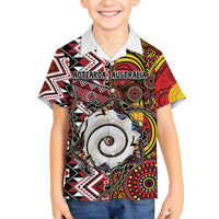 Personalised Aotearoa and Australia Together Family Matching Off Shoulder Short Dress and Hawaiian Shirt Koru and Kangaroo - Taniko with Aboriginal Motif LT03 Son's Shirt Black - Polynesian Pride