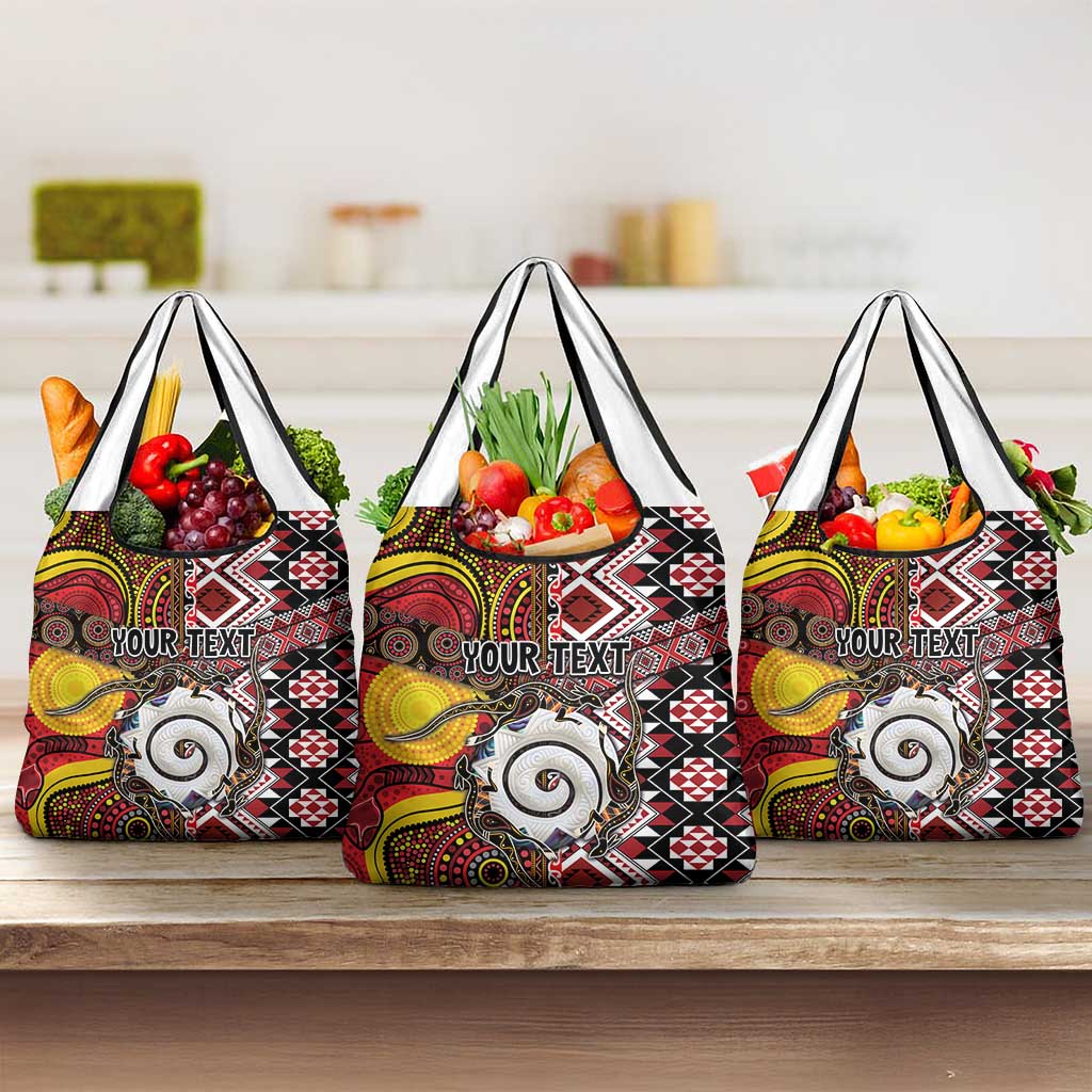 Personalised Aotearoa and Australia Together Grocery Bag Koru and Kangaroo - Taniko with Aboriginal Motif