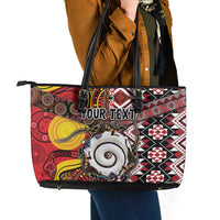 Personalised Aotearoa and Australia Together Leather Tote Bag Koru and Kangaroo - Taniko with Aboriginal Motif
