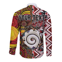 Personalised Aotearoa and Australia Together Long Sleeve Button Shirt Koru and Kangaroo - Taniko with Aboriginal Motif