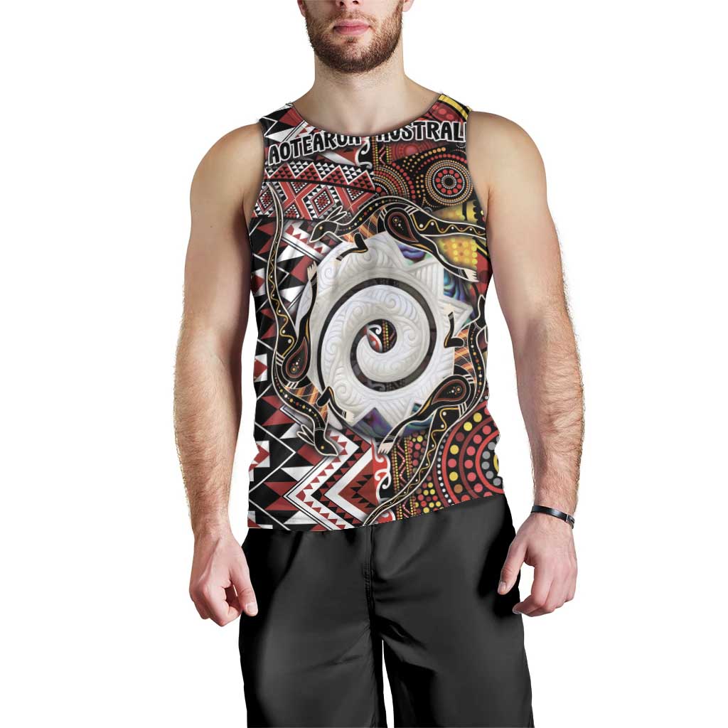 Personalised Aotearoa and Australia Together Men Tank Top Koru and Kangaroo - Taniko with Aboriginal Motif