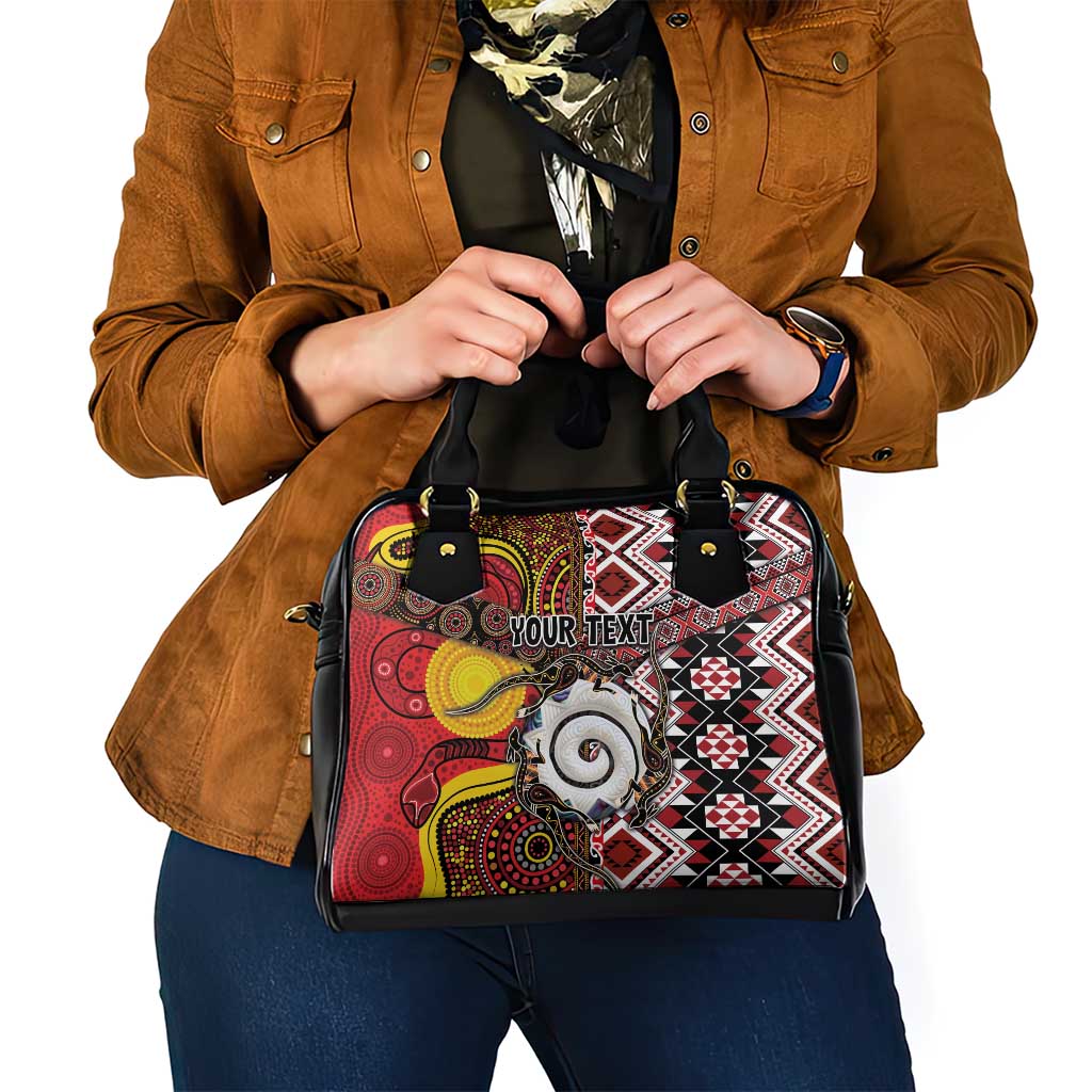 Personalised Aotearoa and Australia Together Shoulder Handbag Koru and Kangaroo - Taniko with Aboriginal Motif