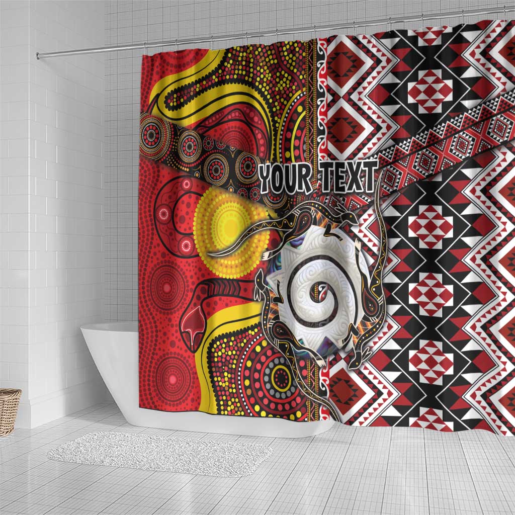 Personalised Aotearoa and Australia Together Shower Curtain Koru and Kangaroo - Taniko with Aboriginal Motif