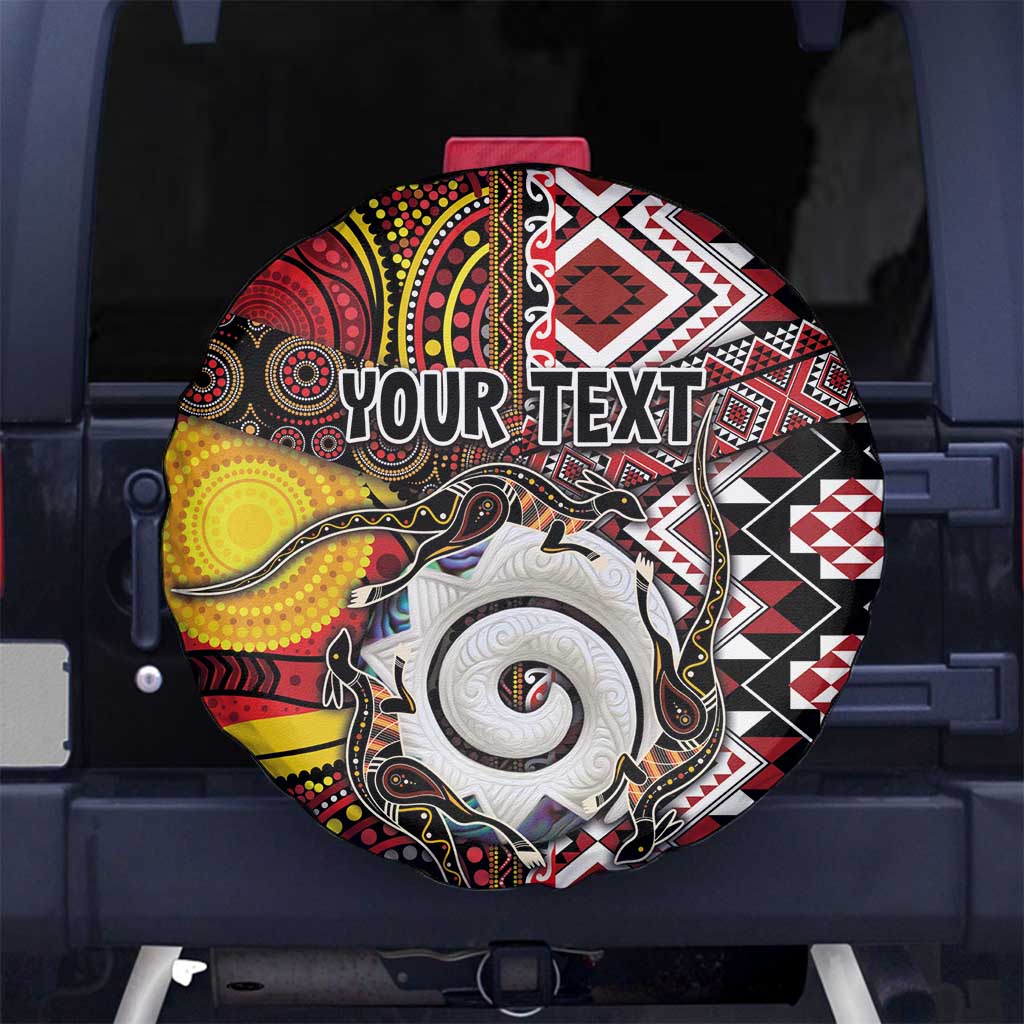 Personalised Aotearoa and Australia Together Spare Tire Cover Koru and Kangaroo - Taniko with Aboriginal Motif