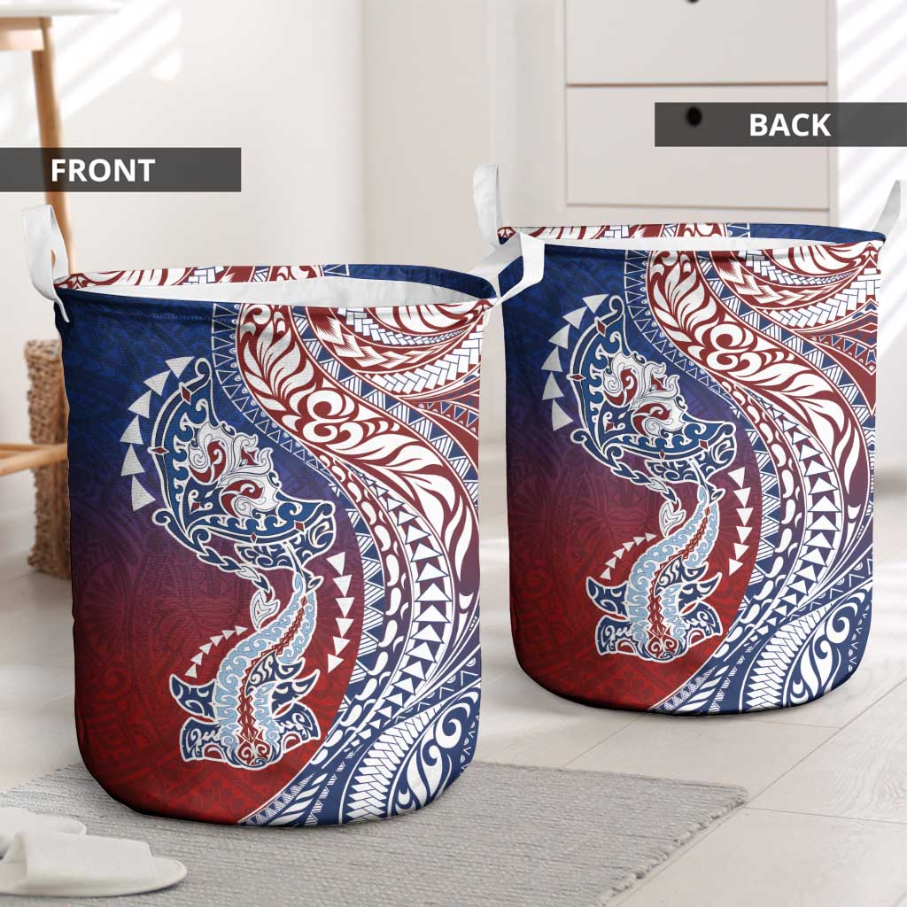 Hawaiian Manta Ray and Hammerhead Shark Tribal Tattoo Laundry Basket with Polynesian Tribal Pattern Hawaii Flag Color