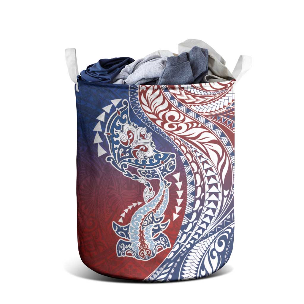 Hawaiian Manta Ray and Hammerhead Shark Tribal Tattoo Laundry Basket with Polynesian Tribal Pattern Hawaii Flag Color