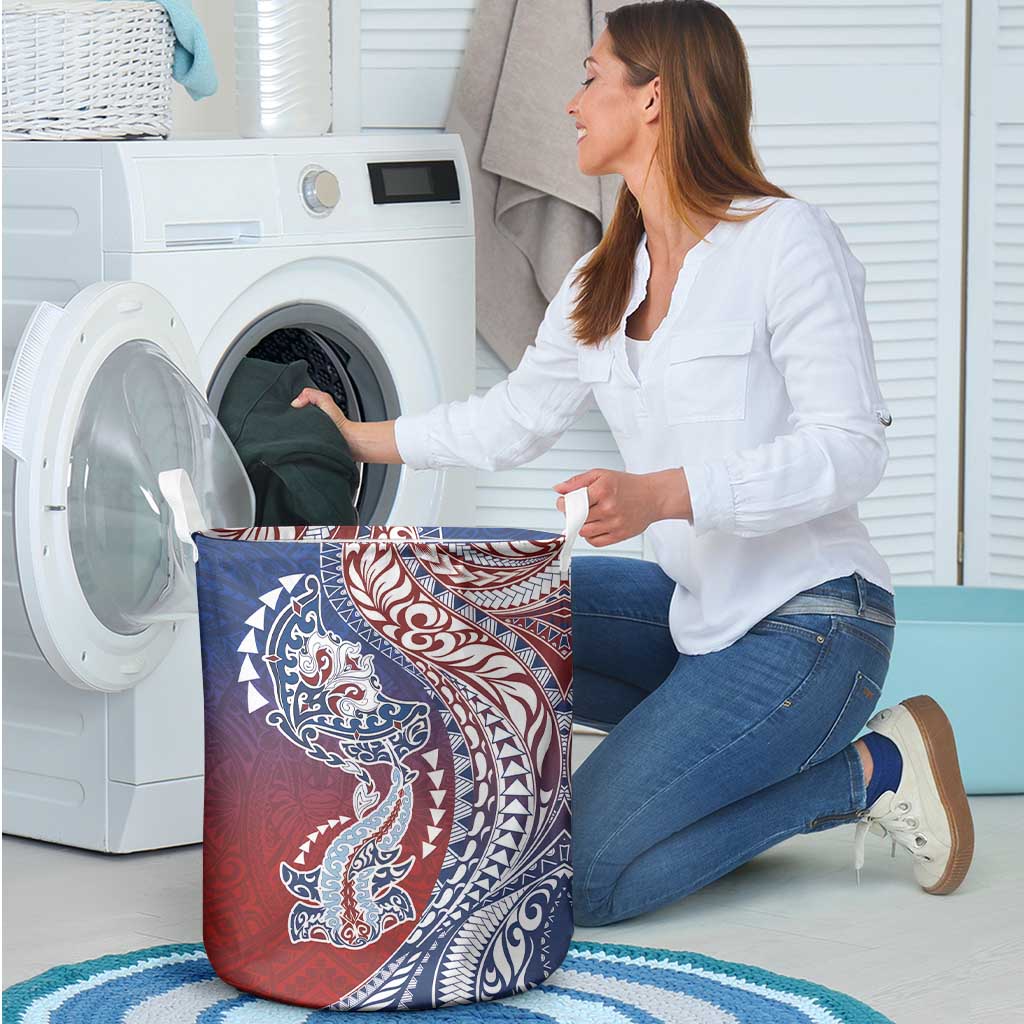 Hawaiian Manta Ray and Hammerhead Shark Tribal Tattoo Laundry Basket with Polynesian Tribal Pattern Hawaii Flag Color