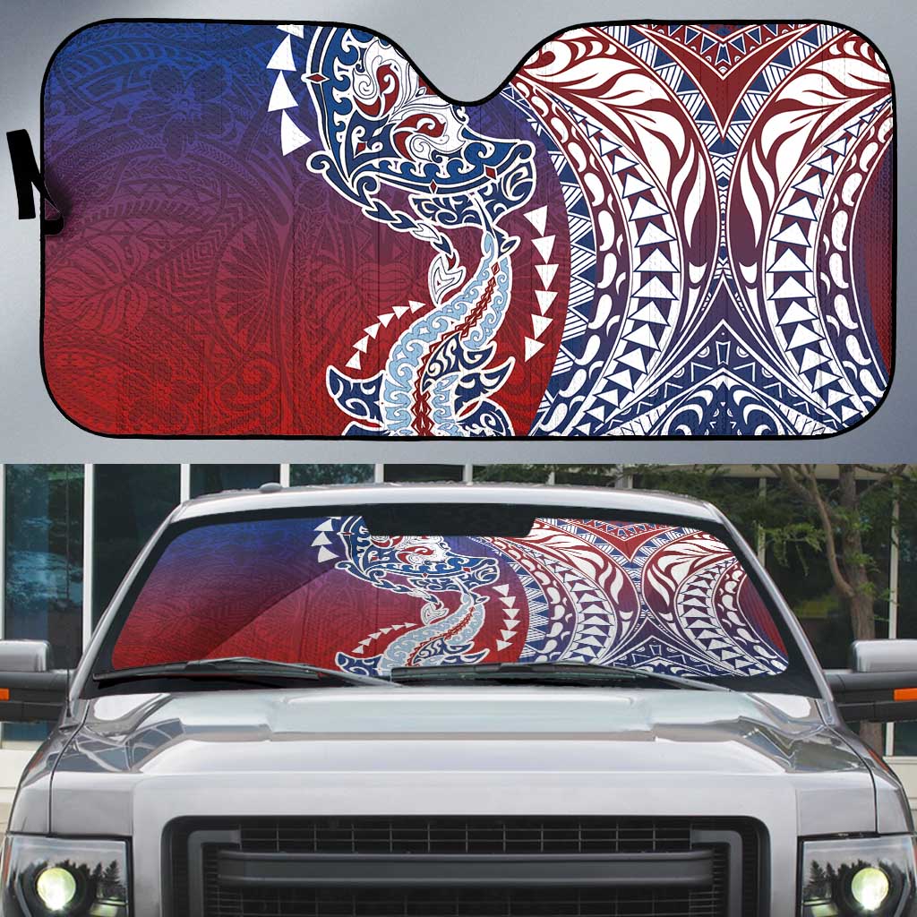 Hawaiian Manta Ray and Hammerhead Shark Tribal Tattoo Auto Sun Shade with Polynesian Tribal Pattern Hawaii Flag Color