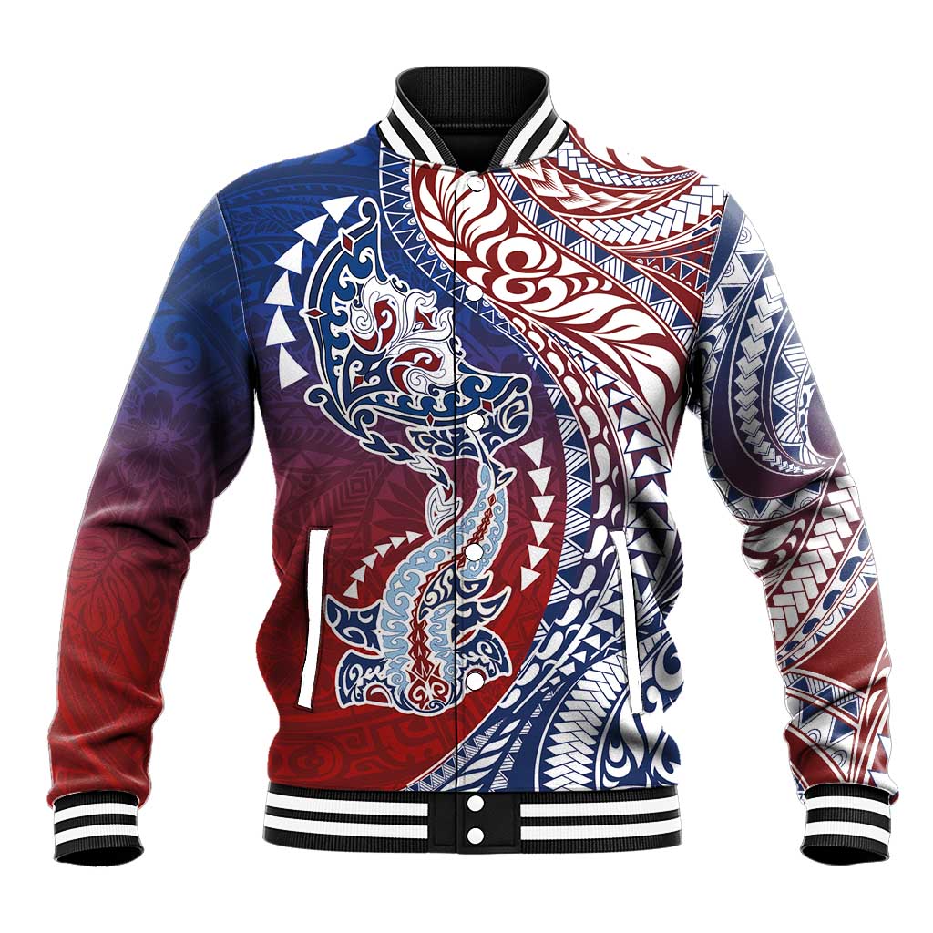 Hawaiian Manta Ray and Hammerhead Shark Tribal Tattoo Baseball Jacket with Polynesian Tribal Pattern Hawaii Flag Color