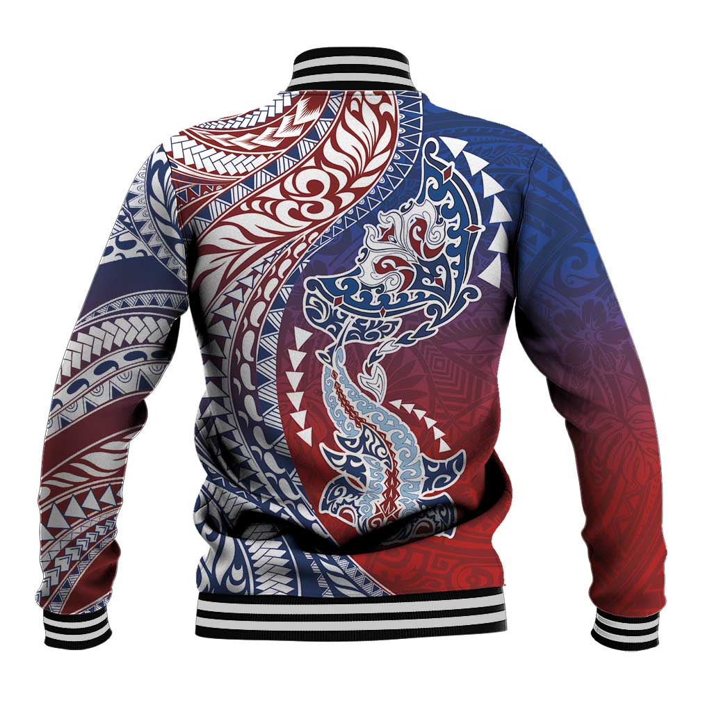 Hawaiian Manta Ray and Hammerhead Shark Tribal Tattoo Baseball Jacket with Polynesian Tribal Pattern Hawaii Flag Color