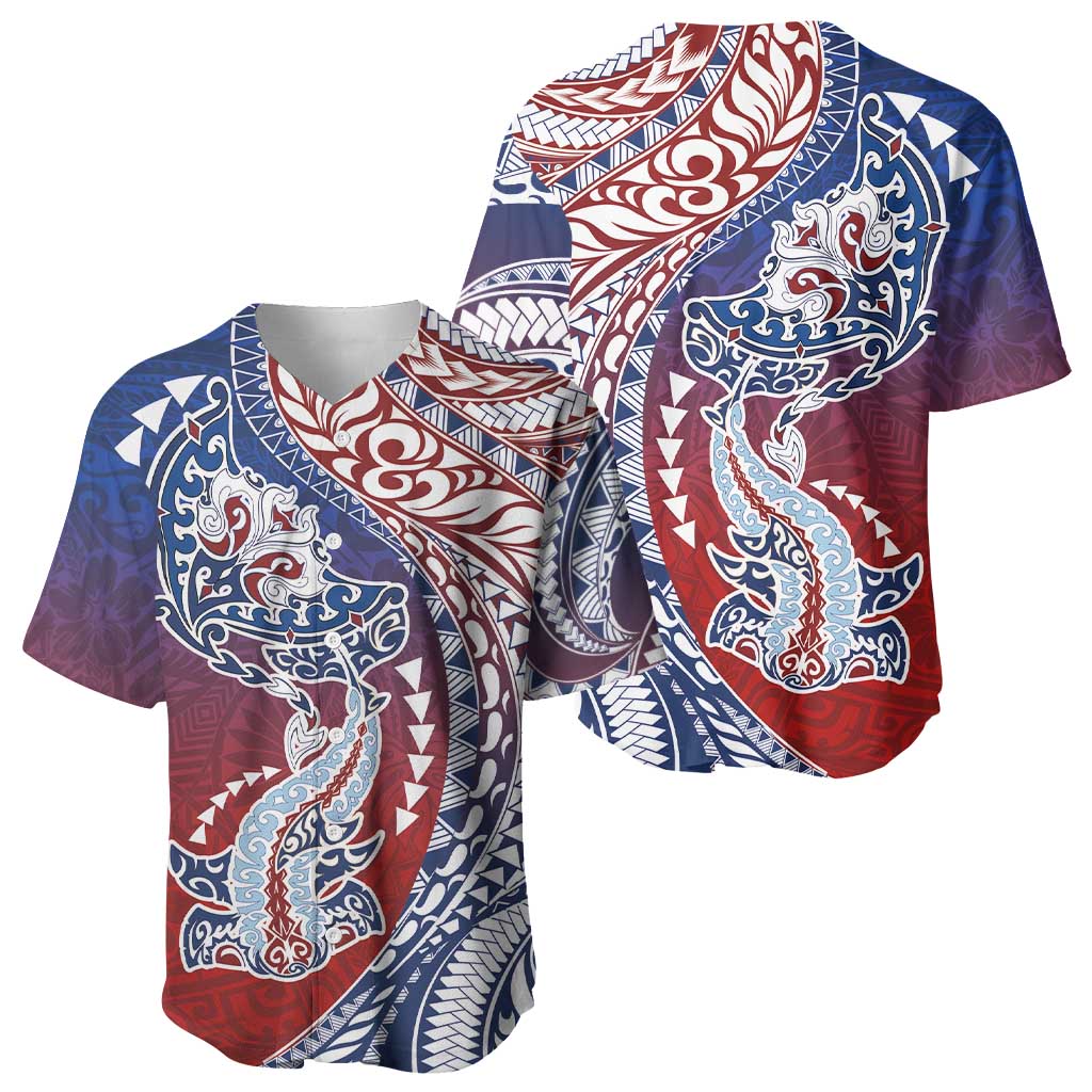 Hawaiian Manta Ray and Hammerhead Shark Tribal Tattoo Baseball Jersey with Polynesian Tribal Pattern Hawaii Flag Color