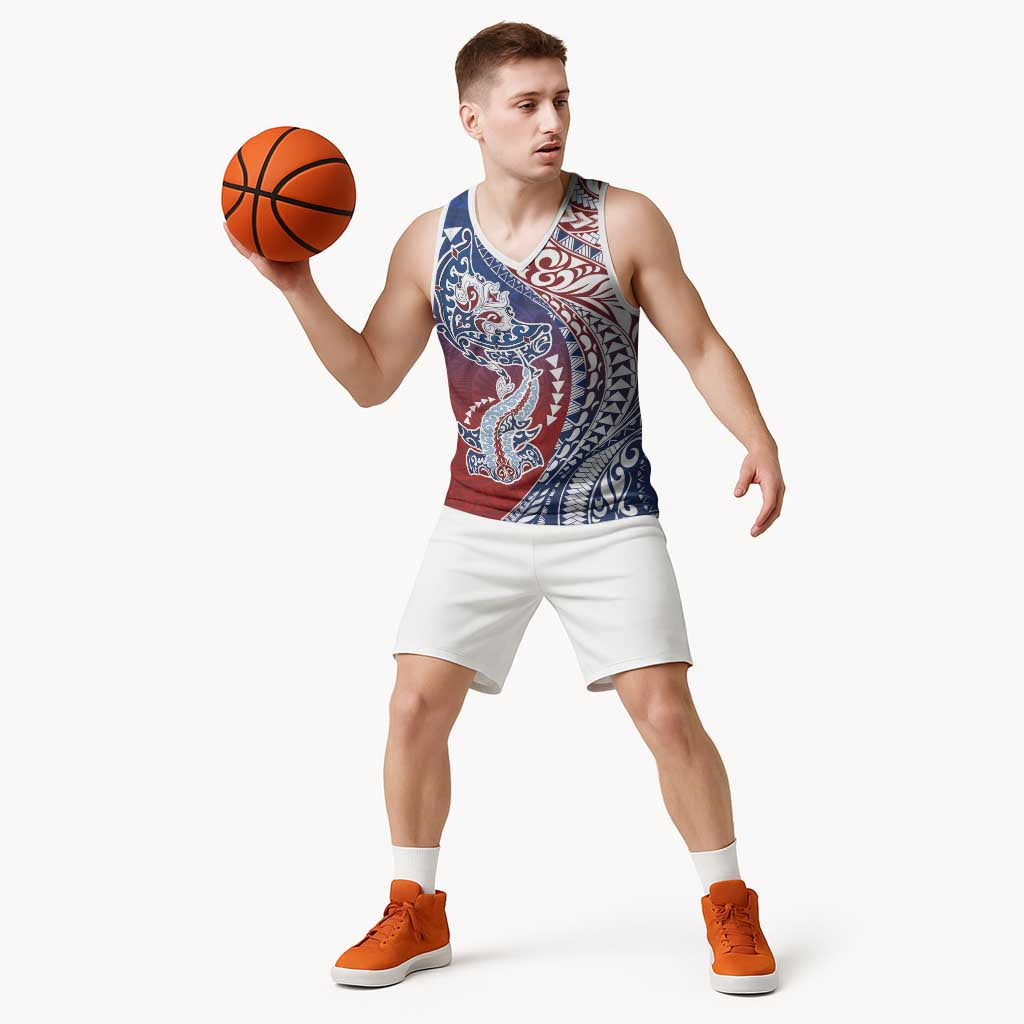 Hawaiian Manta Ray and Hammerhead Shark Tribal Tattoo Basketball Jersey with Polynesian Tribal Pattern Hawaii Flag Color