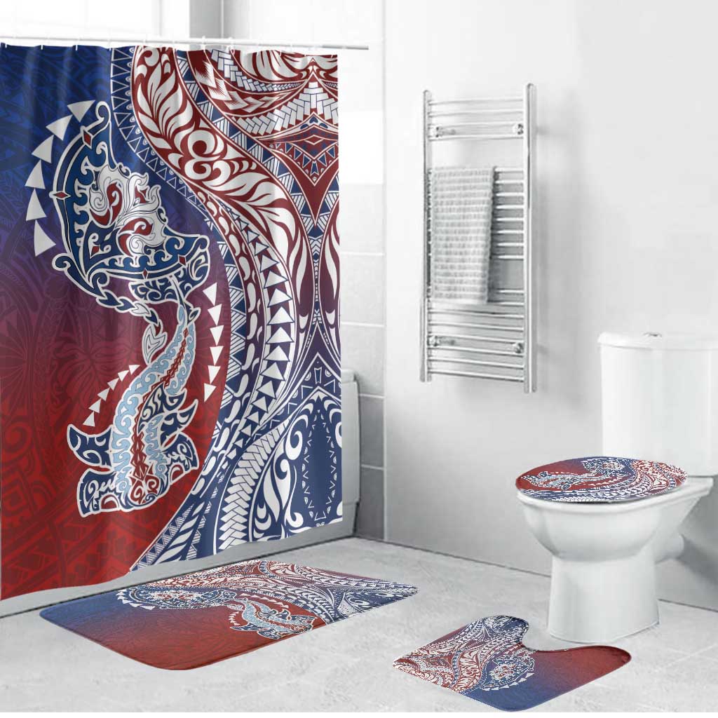 Hawaiian Manta Ray and Hammerhead Shark Tribal Tattoo Bathroom Set with Polynesian Tribal Pattern Hawaii Flag Color