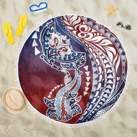 Hawaiian Manta Ray and Hammerhead Shark Tribal Tattoo Beach Blanket with Polynesian Tribal Pattern Hawaii Flag Color