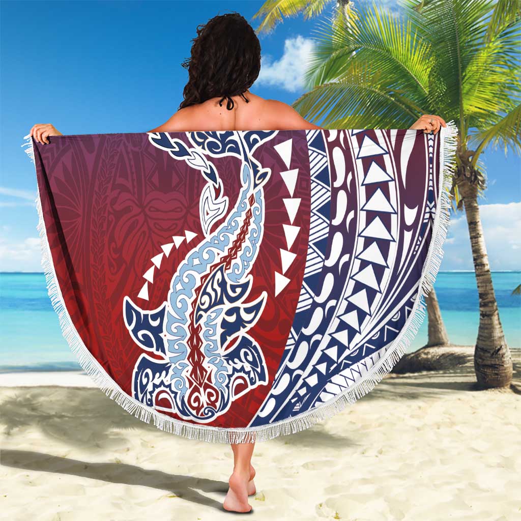 Hawaiian Manta Ray and Hammerhead Shark Tribal Tattoo Beach Blanket with Polynesian Tribal Pattern Hawaii Flag Color