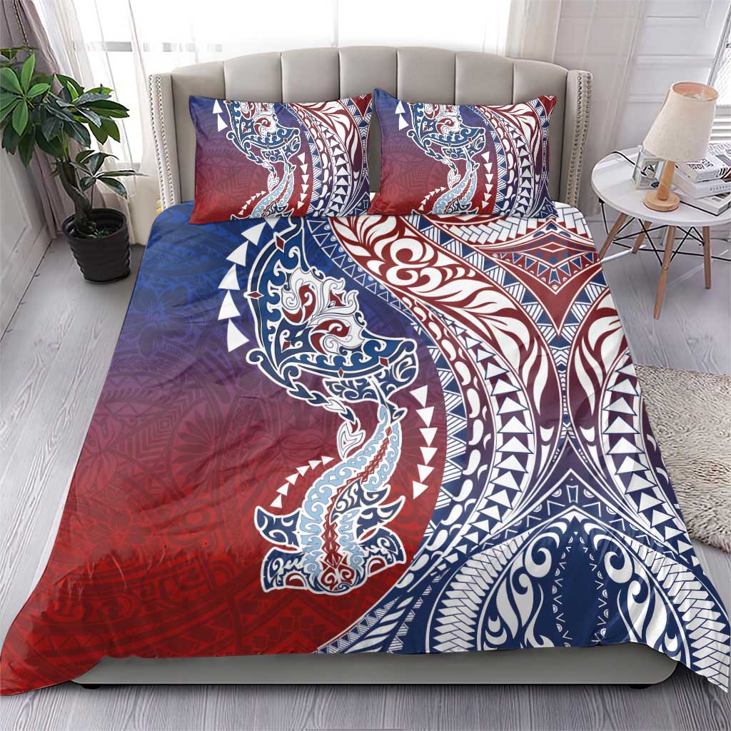 Hawaiian Manta Ray and Hammerhead Shark Tribal Tattoo Bedding Set with Polynesian Tribal Pattern Hawaii Flag Color