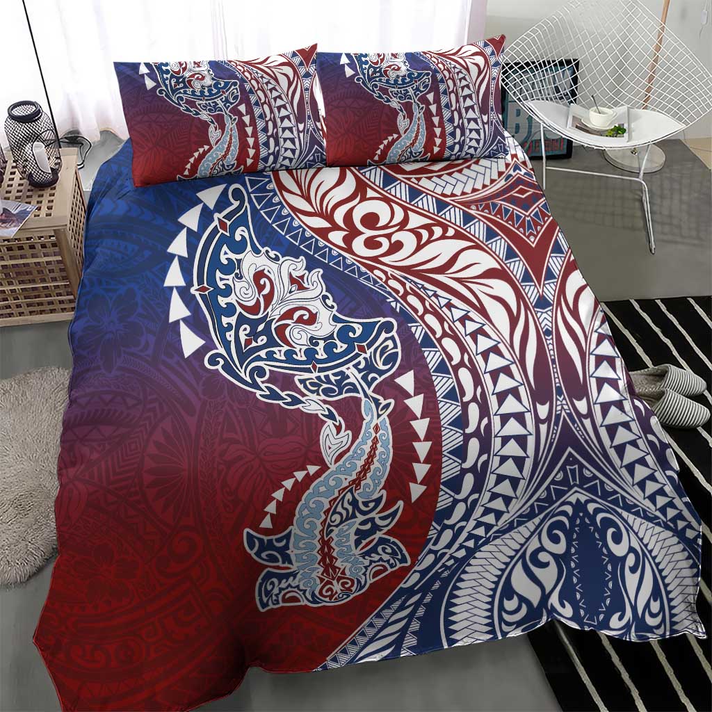 Hawaiian Manta Ray and Hammerhead Shark Tribal Tattoo Bedding Set with Polynesian Tribal Pattern Hawaii Flag Color
