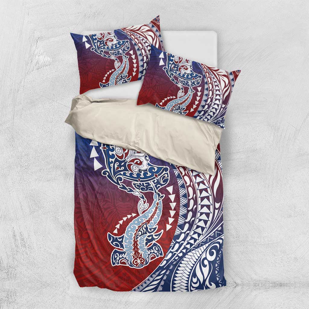 Hawaiian Manta Ray and Hammerhead Shark Tribal Tattoo Bedding Set with Polynesian Tribal Pattern Hawaii Flag Color